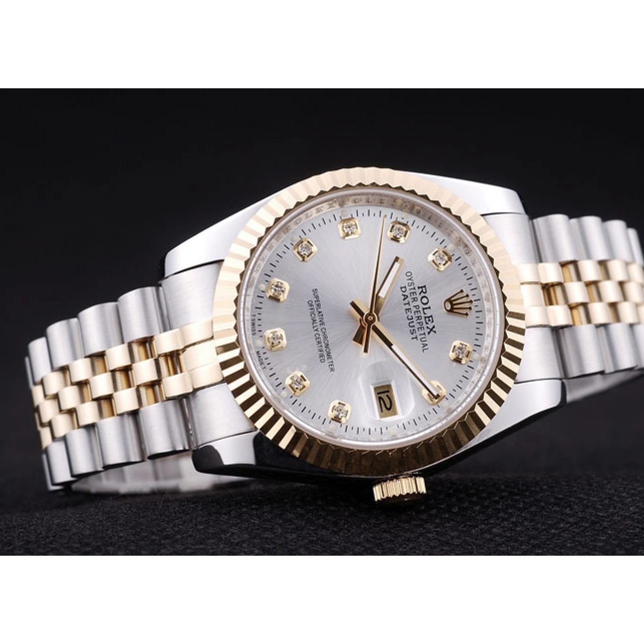 Aaa fake watches Ribbed Bezel Diamonds Datejust Silver 7454 Rolex Dial 0815